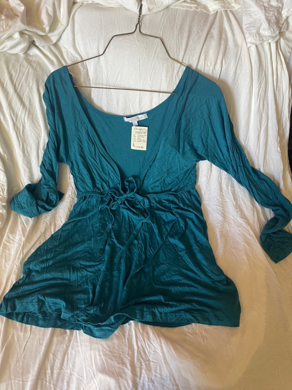 Charlotte Russe Teal Deep V-Neck Tie-Waist Blouse